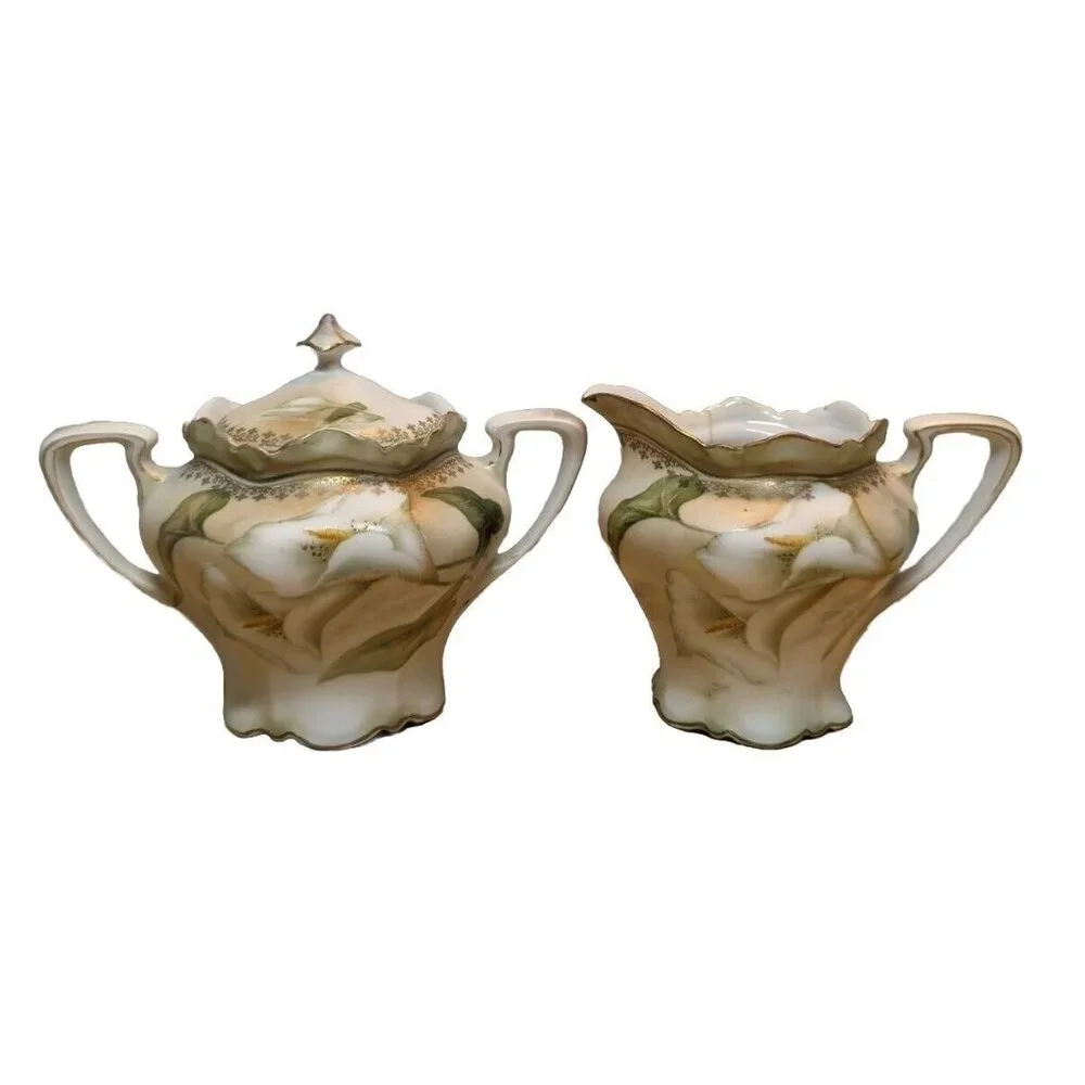 Antique RS Germany/Prussia Sugar Bowl Creamer 6 cups & 6‎ saucers Calla Lily